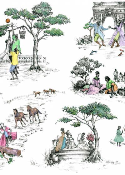 Digital Hand Colored Harlem Toile de Jouy Wallpaper