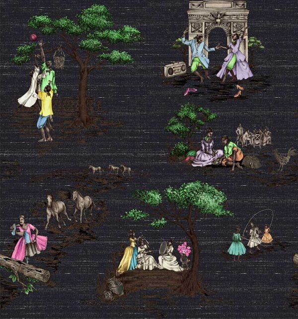 Harlem Toile Dupioni Silk Fabric Black