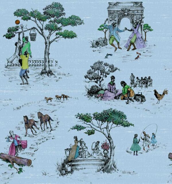 Harlem Toile Dupioni Silk Fabric Blue