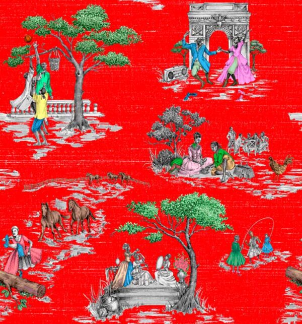 Harlem Toile Dupioni Silk Fabric Red
